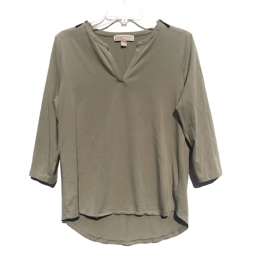 Michael Kors Green Zipper 3/4 Sleeve Casual High Low Pullover Blouse Shirt Top L